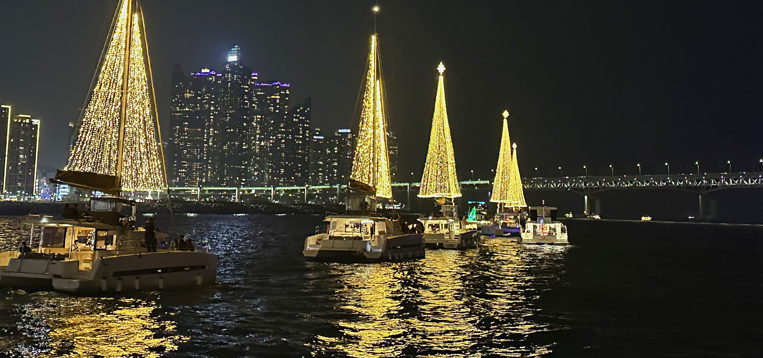 灯火通明的游艇圣诞树与Marine City夜景
